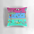 A vibrant, psychedelic pillow featuring a surreal, cartoon-inspired beach scene with bizarre creatures and a retro, pop art style.