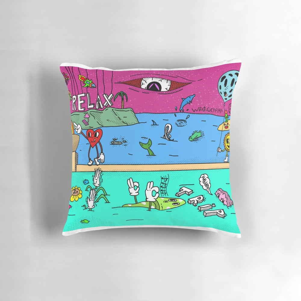 A vibrant, psychedelic pillow featuring a surreal, cartoon-inspired beach scene with bizarre creatures and a retro, pop art style.