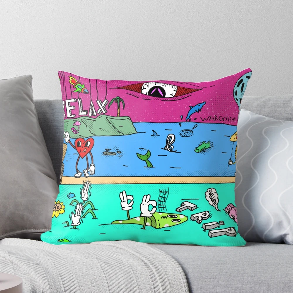 A vibrant, psychedelic pillow featuring a surreal, cartoon-inspired beach scene with bizarre creatures and a retro, pop art style.