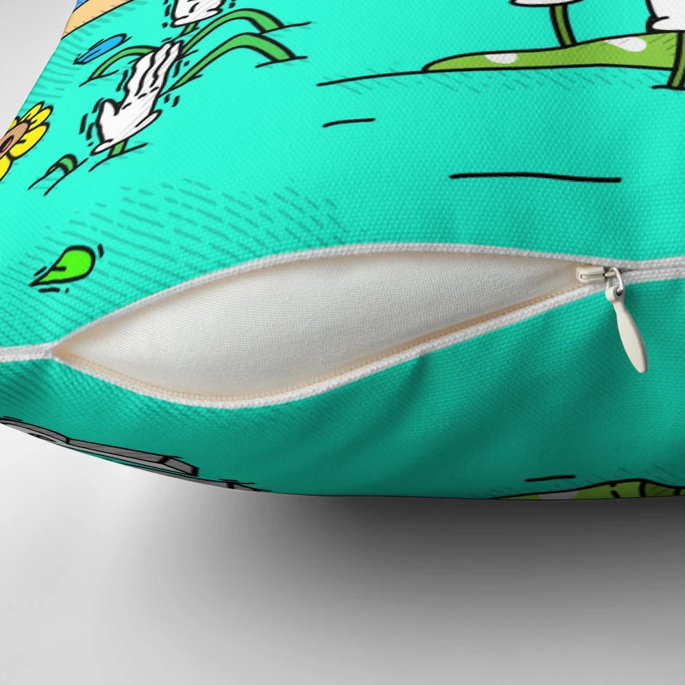 A vibrant, psychedelic pillow featuring a surreal, cartoon-inspired beach scene with bizarre creatures and a retro, pop art style.