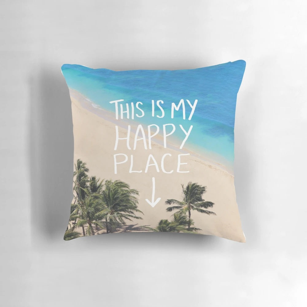 Soft, plush Hawaii-inspired pillow featuring ocean waves and palm trees