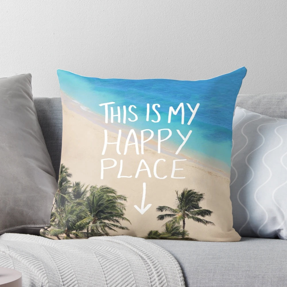 Soft, plush Hawaii-inspired pillow featuring ocean waves and palm trees