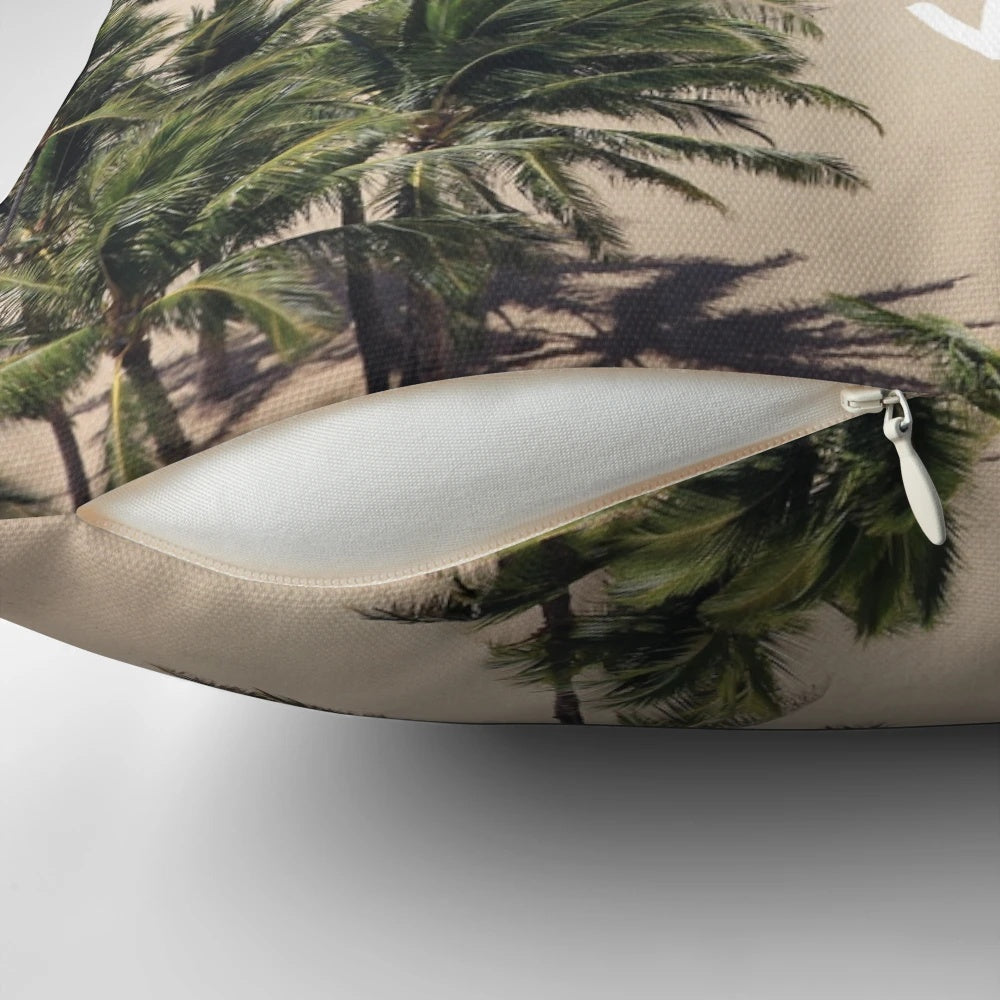 Soft, plush Hawaii-inspired pillow featuring ocean waves and palm trees
