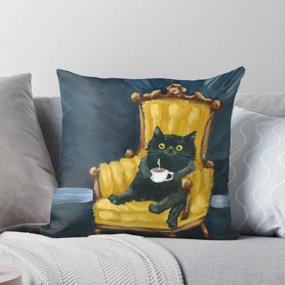 A cozy pillow featuring a black cat lounging with a cup of coffee, capturing the essence of Monday moods.