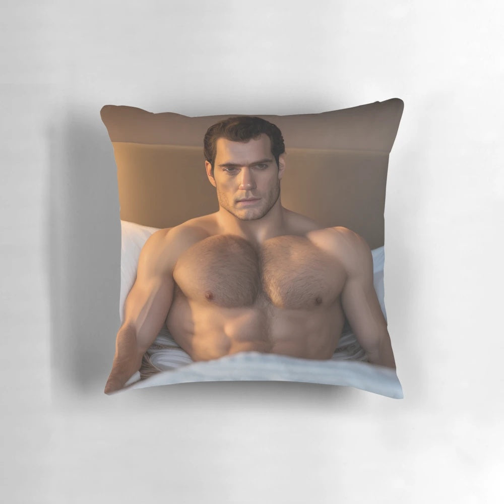 Henry Cavill, the popular Hollywood actor, relaxing on a soft, cozy pillow.