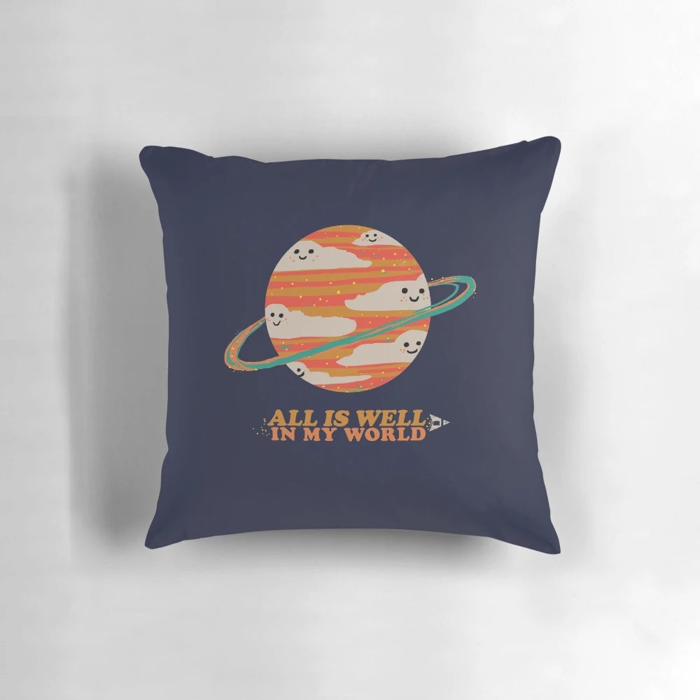 A soft, plush pillow featuring a serene space-themed design, perfect for a peaceful, happy environment.