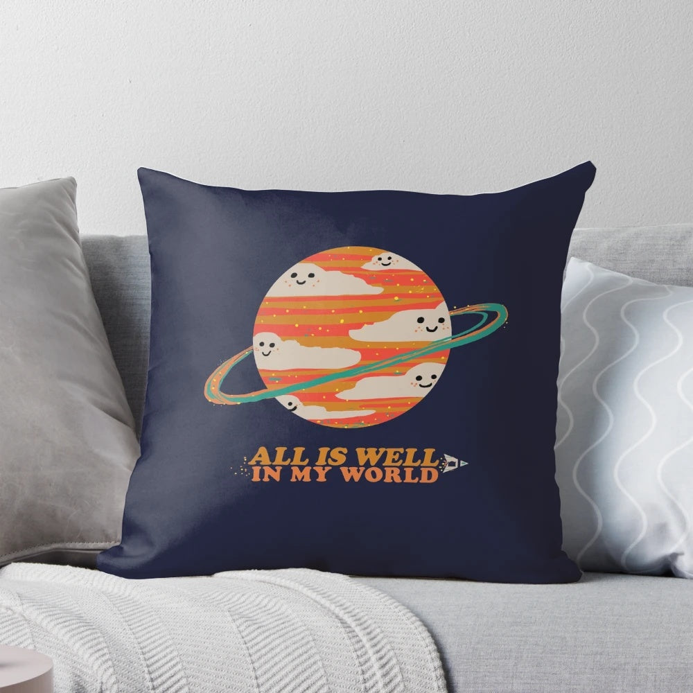 A soft, plush pillow featuring a serene space-themed design, perfect for a peaceful, happy environment.