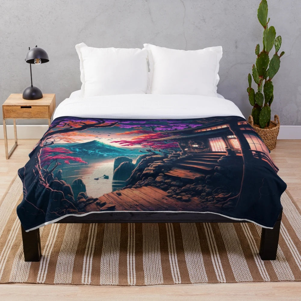 Plush blanket depicting a serene Japanese lakeside scene with cherry blossoms and a vibrant twilight sky