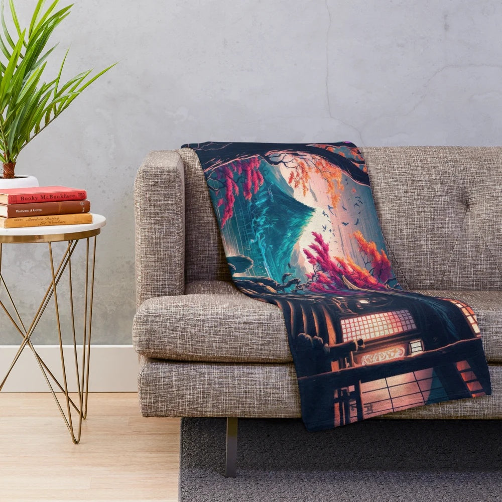 Plush blanket depicting a serene Japanese lakeside scene with cherry blossoms and a vibrant twilight sky