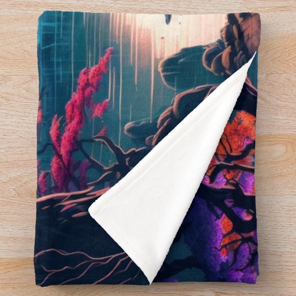 Plush blanket depicting a serene Japanese lakeside scene with cherry blossoms and a vibrant twilight sky