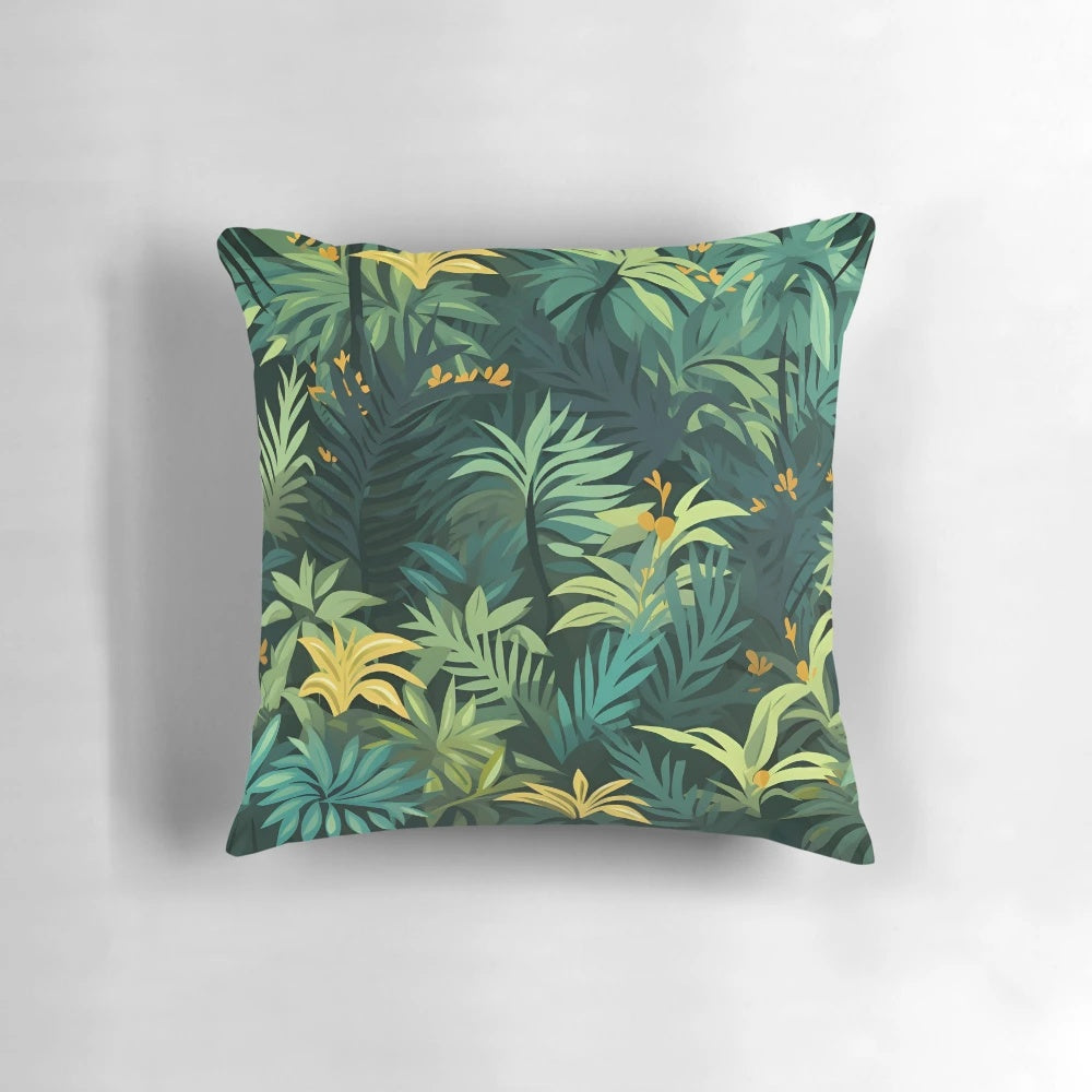 Lush green tropical rain forest pillow with leaves and plants for a serene, nature-inspired look.