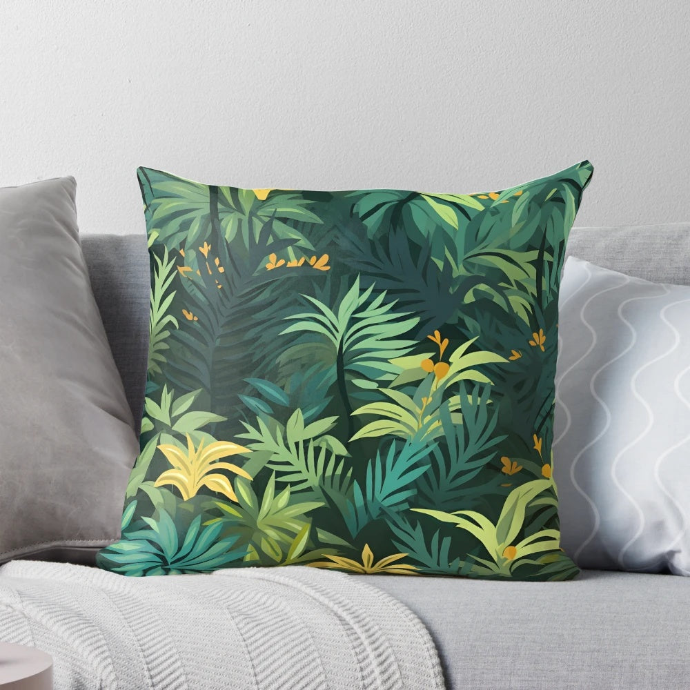 Lush green tropical rain forest pillow with leaves and plants for a serene, nature-inspired look.