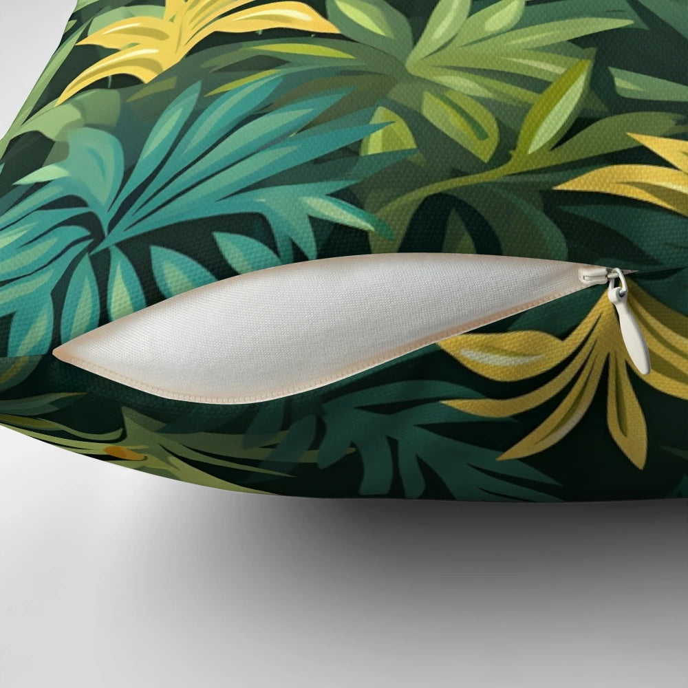 Lush green tropical rain forest pillow with leaves and plants for a serene, nature-inspired look.