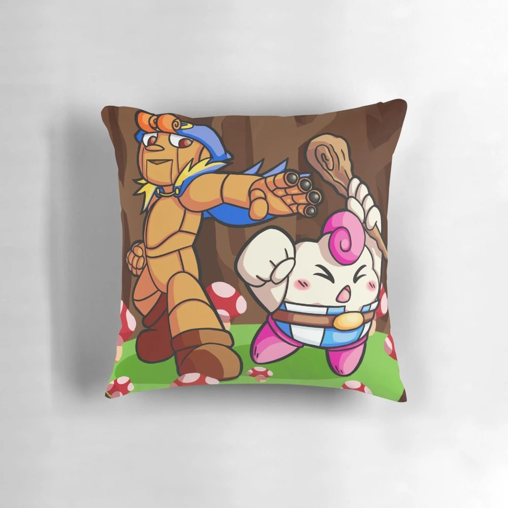 A cozy pillow featuring characters from the beloved Super Mario RPG game on the SNES.