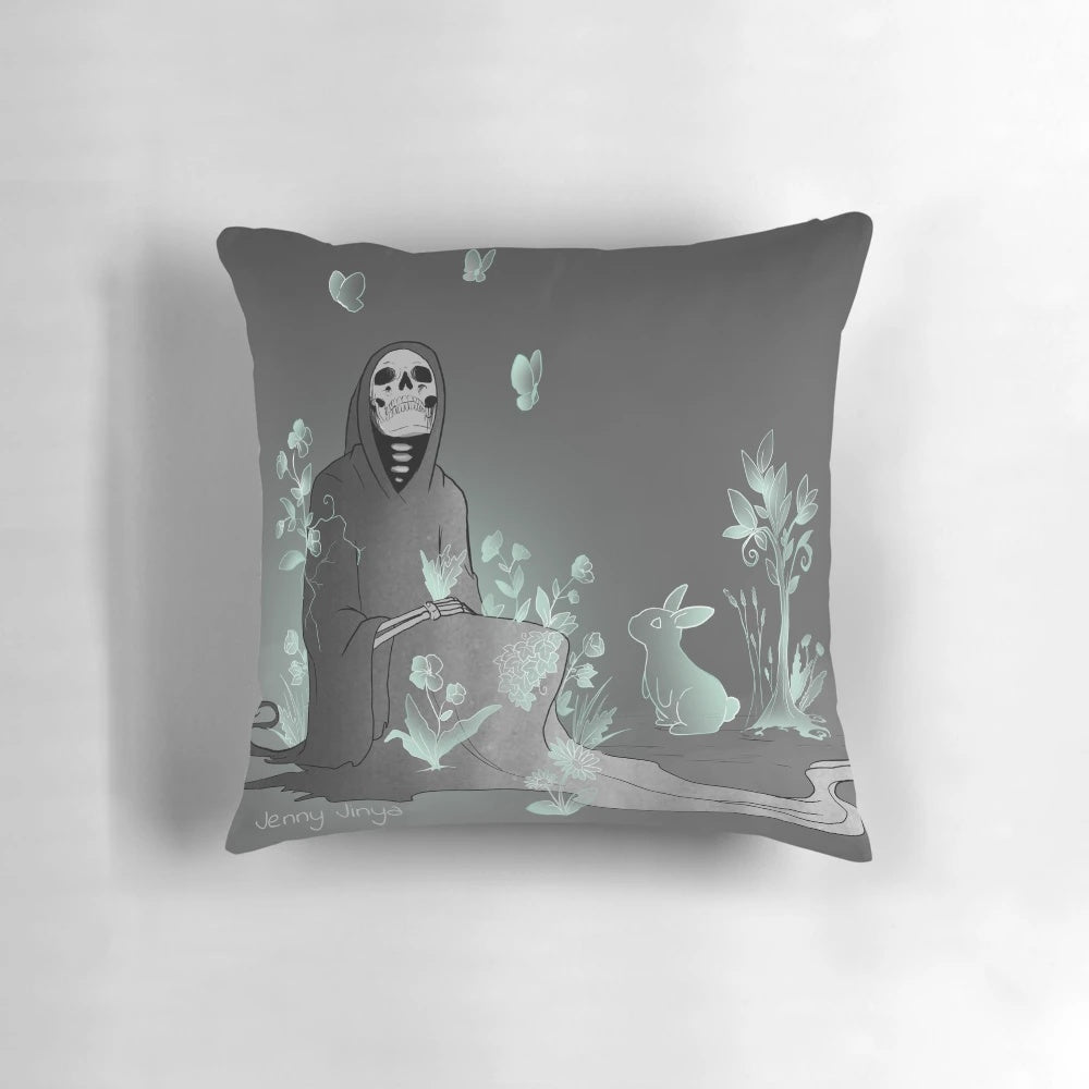 A soft, plush pillow featuring a loving grim reaper embracing a bunny, symbolizing the connection between the living and the afterlife.