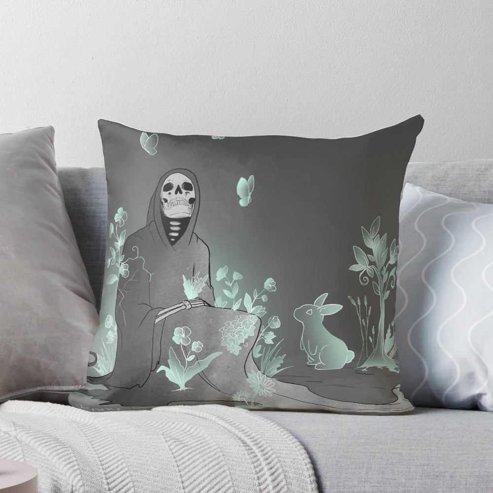 A soft, plush pillow featuring a loving grim reaper embracing a bunny, symbolizing the connection between the living and the afterlife.