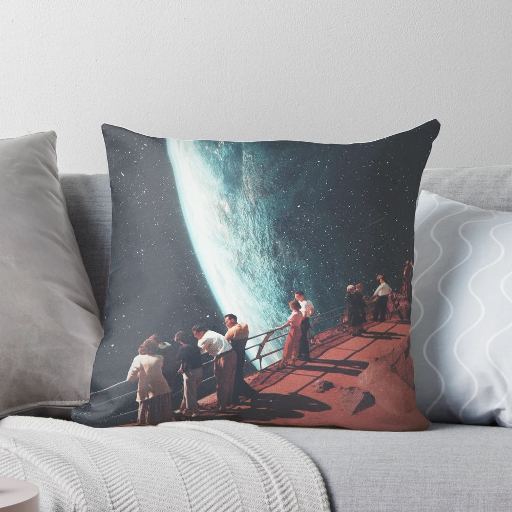 A pillow featuring a collage of space-themed imagery and a sense of nostalgia, designed by artist Frank Moth.