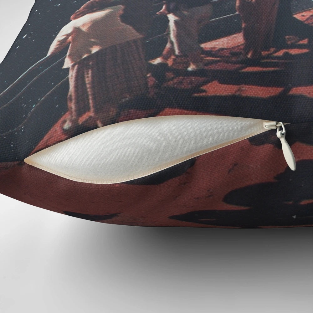 A pillow featuring a collage of space-themed imagery and a sense of nostalgia, designed by artist Frank Moth.