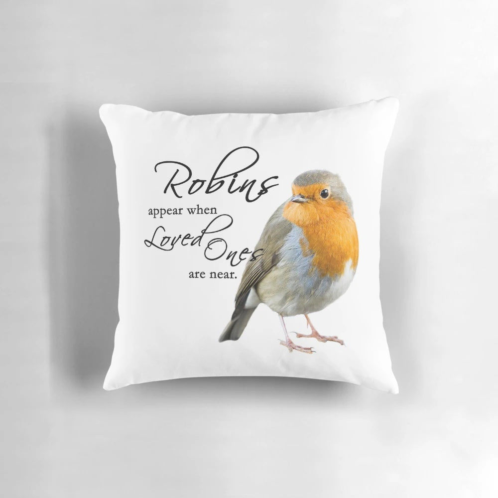 Soft pillow with a tranquil image of a red-breasted robin, a beloved British songbird, evoking memories and comfort.