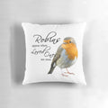 Soft pillow with a tranquil image of a red-breasted robin, a beloved British songbird, evoking memories and comfort.