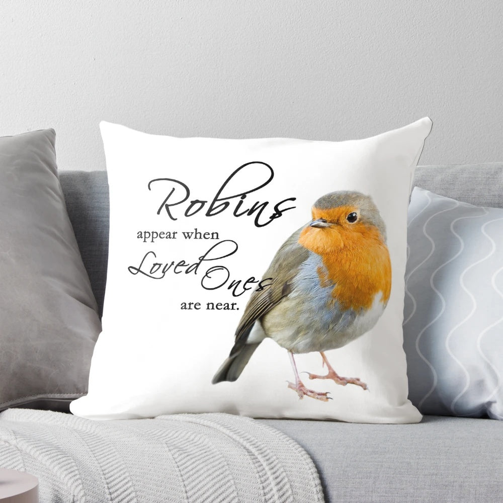 Soft pillow with a tranquil image of a red-breasted robin, a beloved British songbird, evoking memories and comfort.
