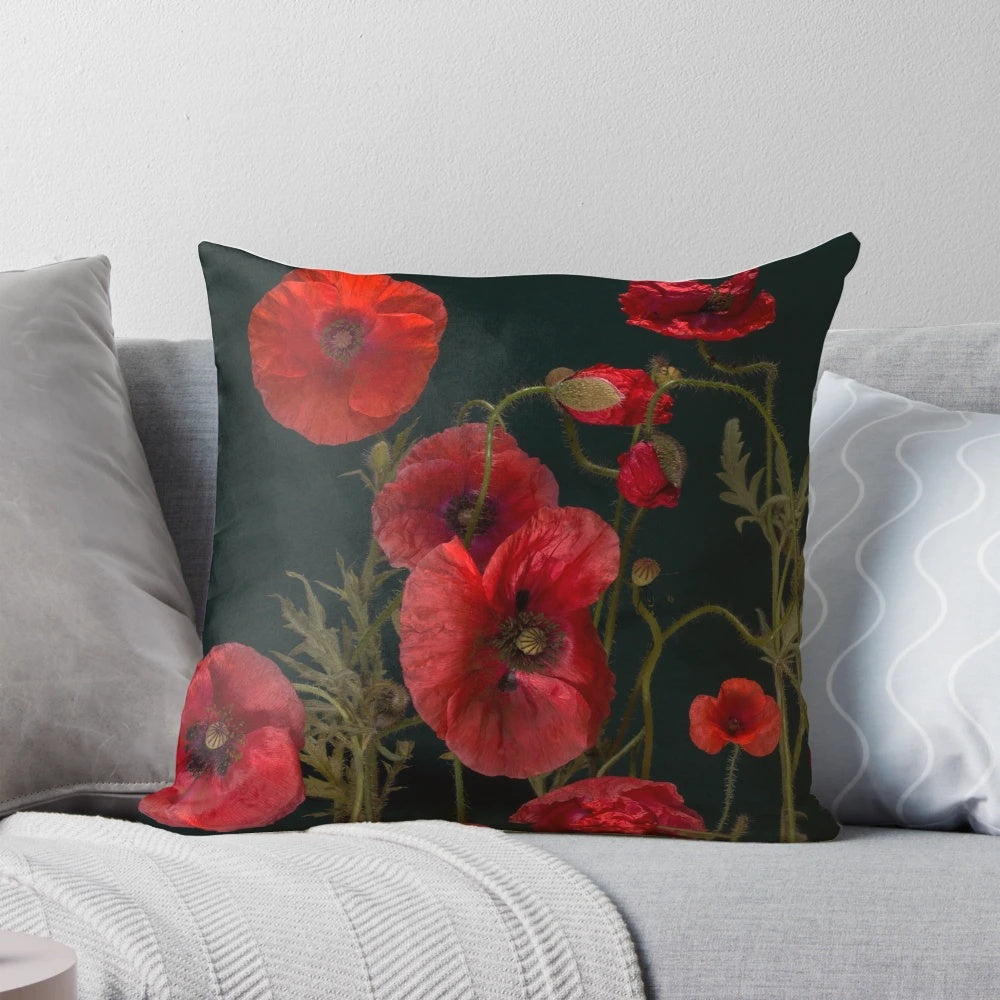 Red poppies on a black pillow, a beautiful botanical and floral design for remembrance day.