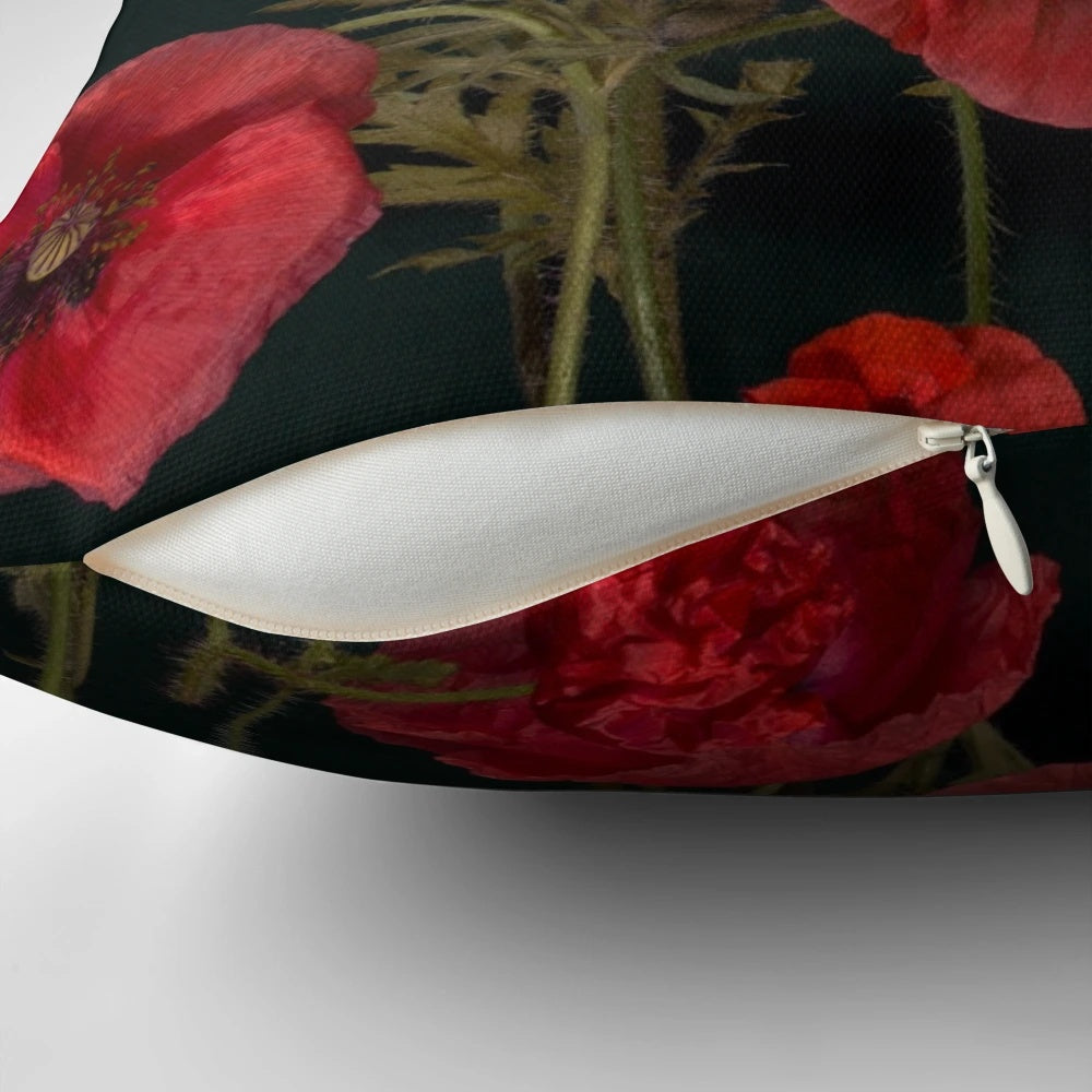 Red poppies on a black pillow, a beautiful botanical and floral design for remembrance day.