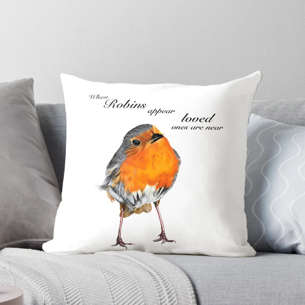 Decorative pillow with a robin redbreast bird design for memorial, sympathy, and remembrance gifts