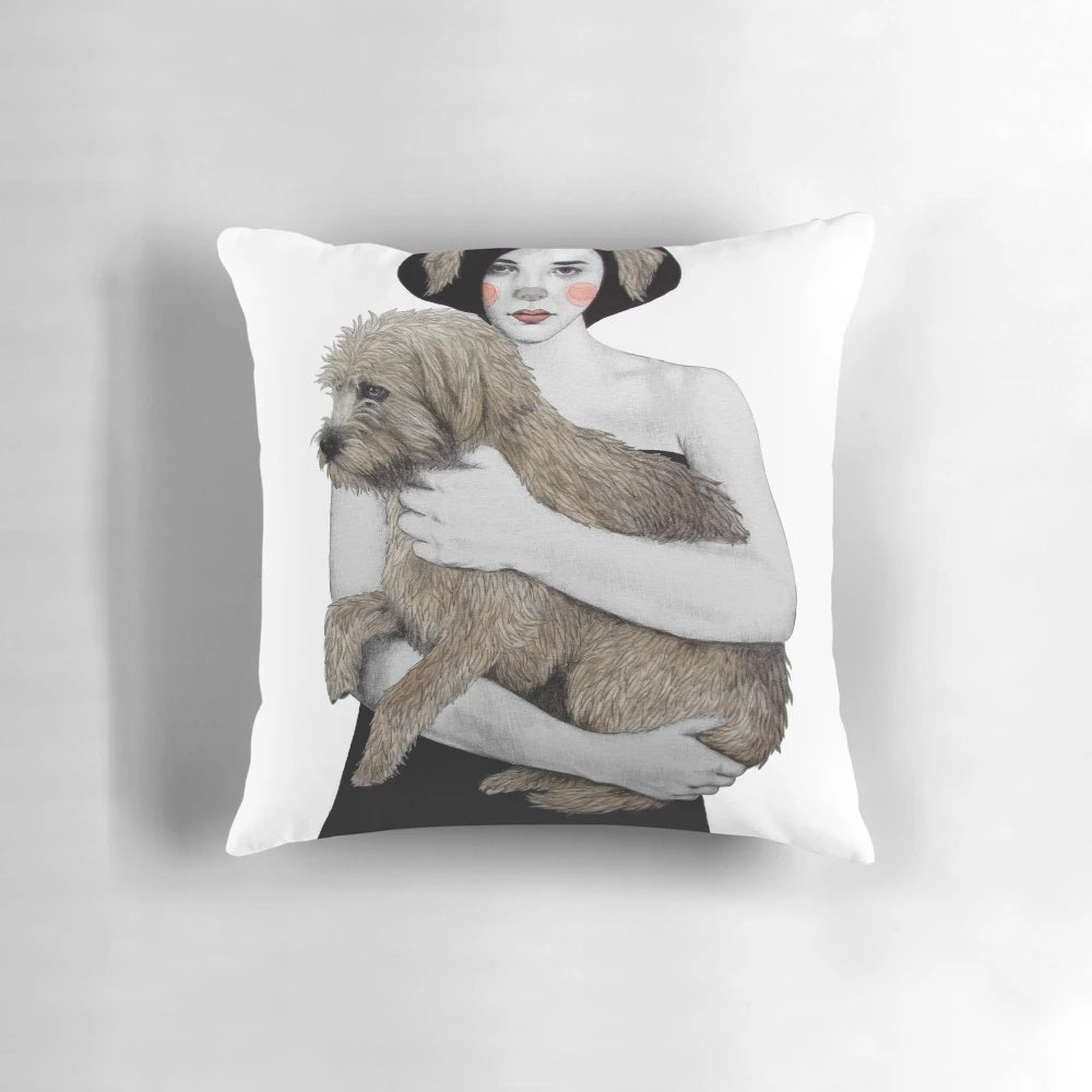 Rena Watercolor Pillow featuring a dog with black ears on a colorful watercolor background
