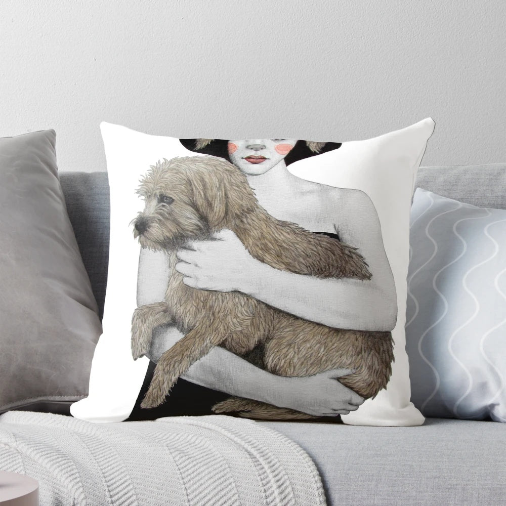 Rena Watercolor Pillow featuring a dog with black ears on a colorful watercolor background