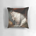 A decorative pillow featuring a cat in Renaissance-style artwork