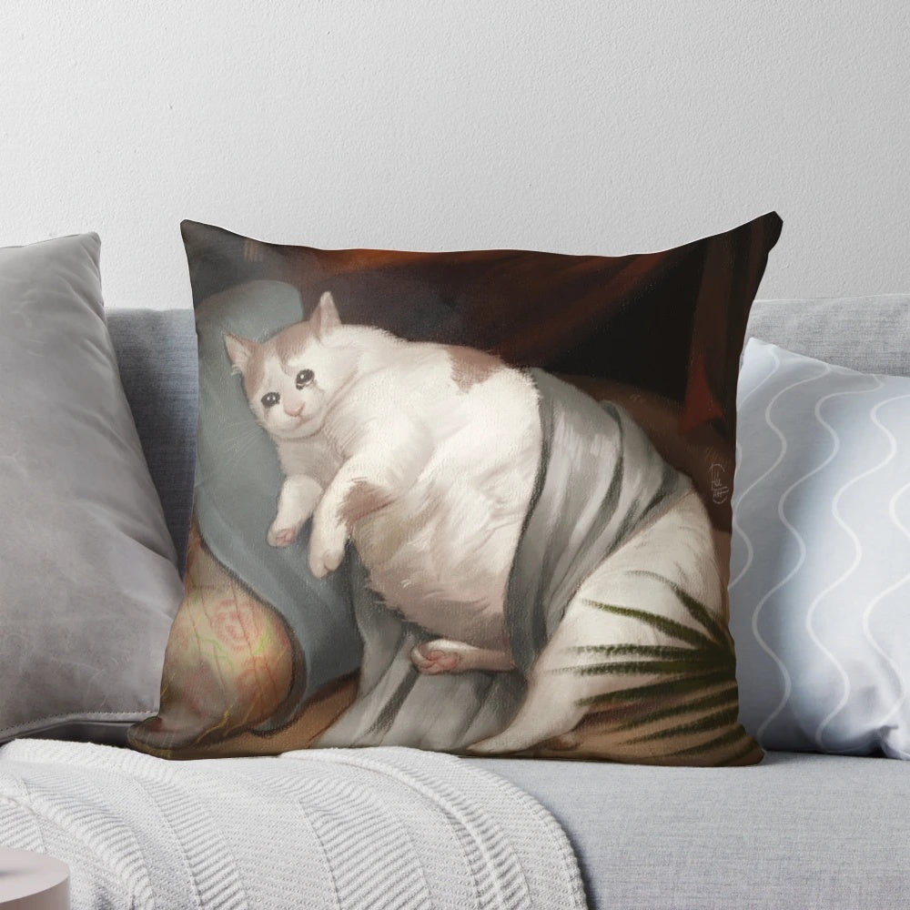A decorative pillow featuring a cat in Renaissance-style artwork