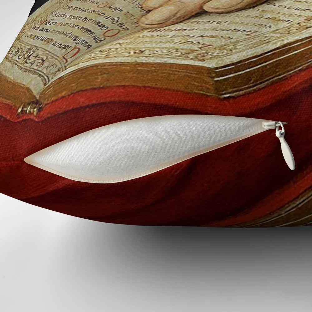 Renaissance old master painting-inspired pillow featuring a cropped image of a hand on a book