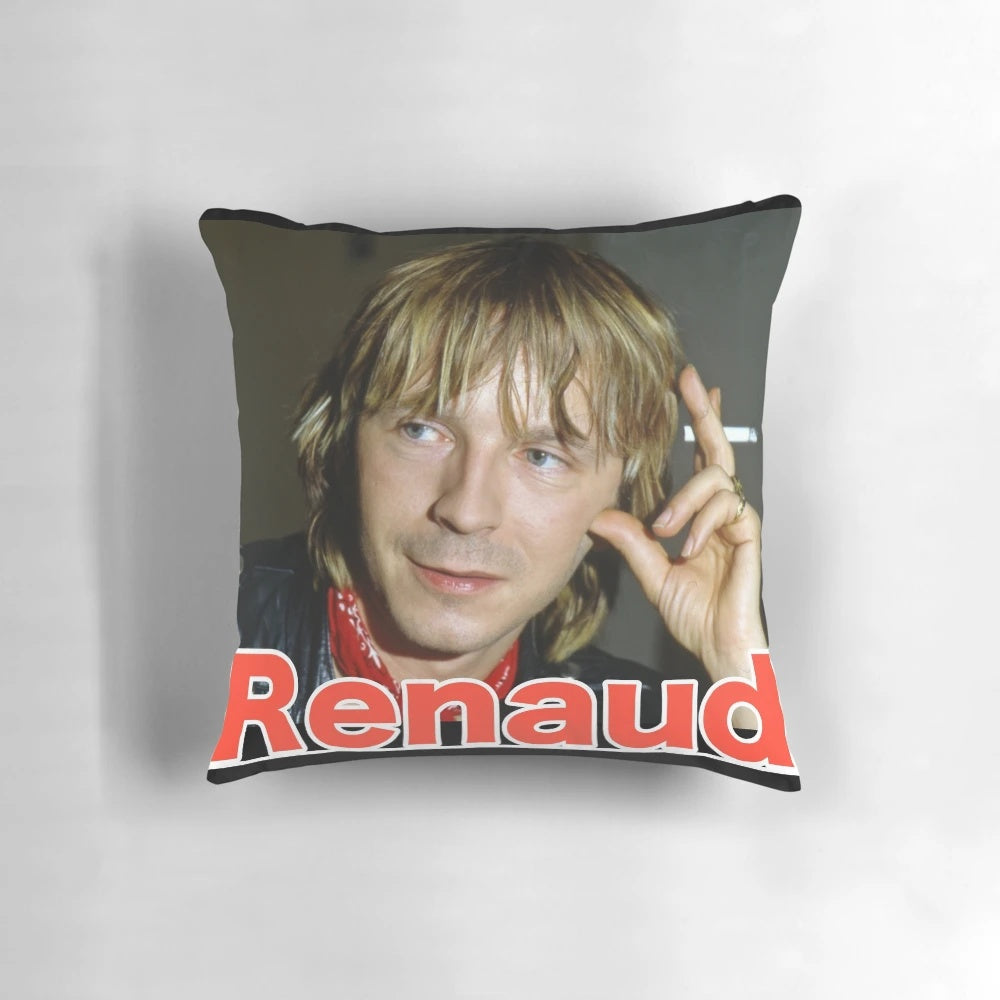 A cozy pillow featuring the image of Renaud, the renowned French singer-songwriter and music legend.