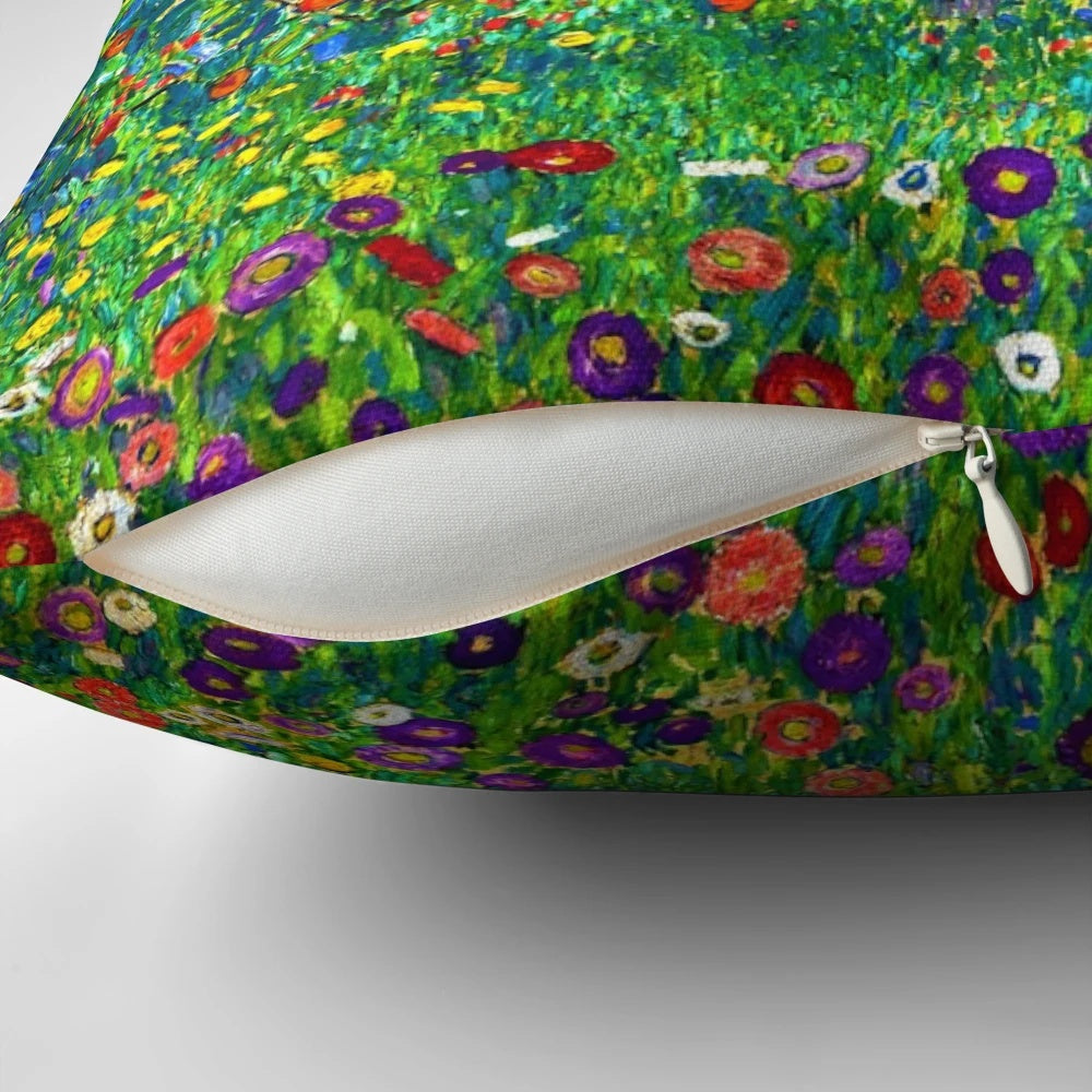 Gustav Klimt's famous "Apple Tree I" landscape painting featured on a decorative pillow