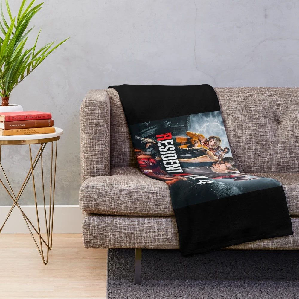 Resident Evil 4 inspired plush blanket with characters and symbols from the game