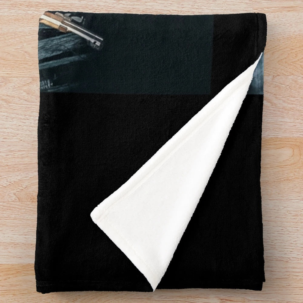 Resident Evil 4 inspired plush blanket with characters and symbols from the game