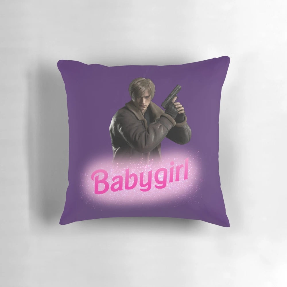 A plush decorative pillow featuring the character Leon Kennedy from the Resident Evil video game series