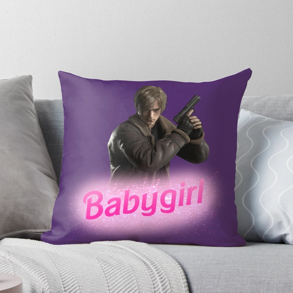 A plush decorative pillow featuring the character Leon Kennedy from the Resident Evil video game series