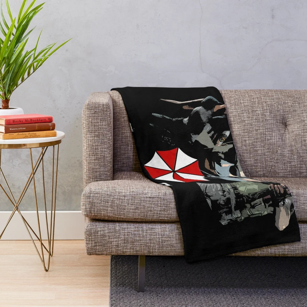Resident Evil Remake Plush Blanket featuring Umbrella Corporation logo and characters