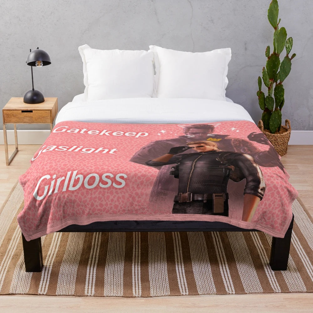 Resident Evil inspired plush blanket featuring Albert Wesker's "gaslight gatekeep girlboss" persona
