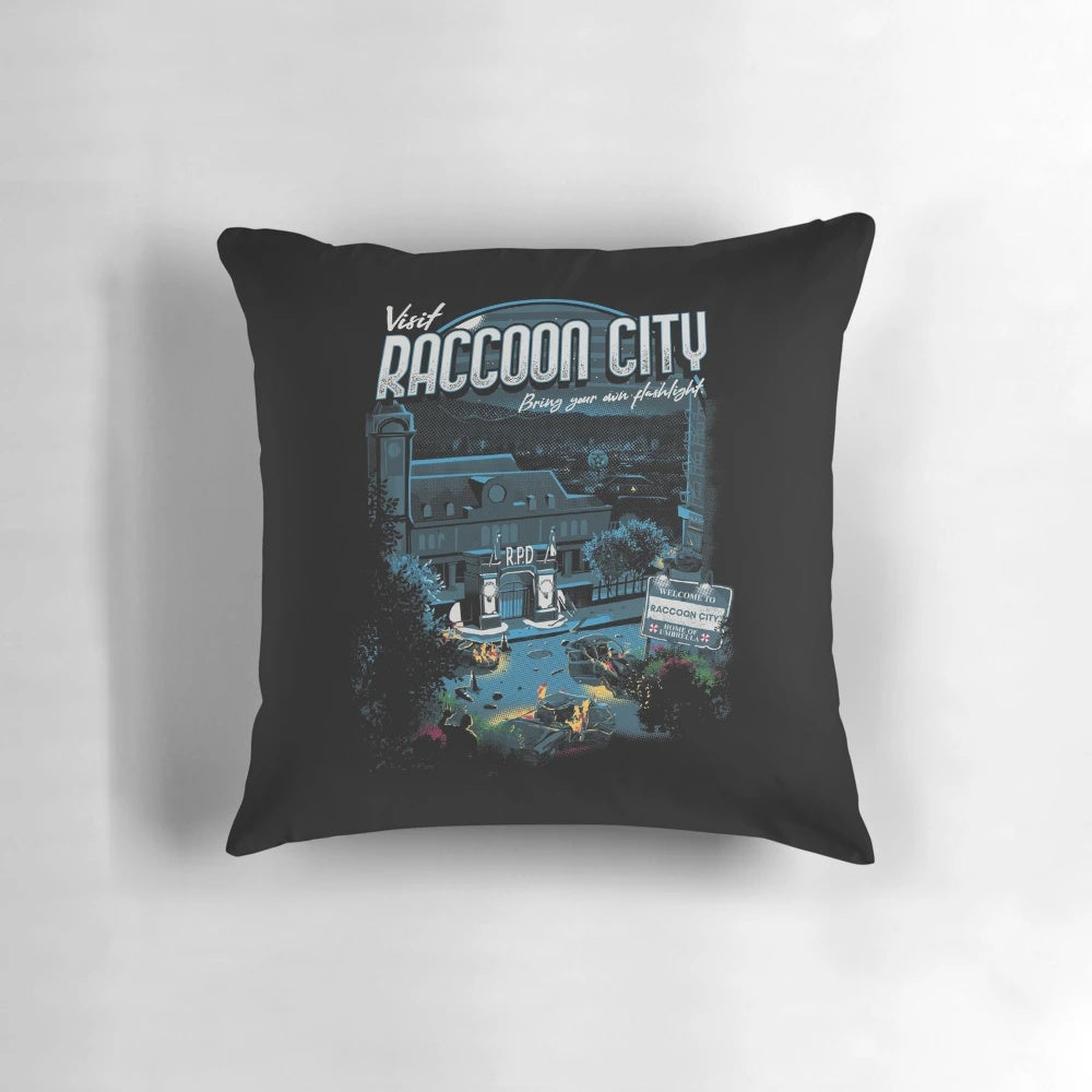 Resident Evil Raccoon City Zombie Pillow with characters and city landscape