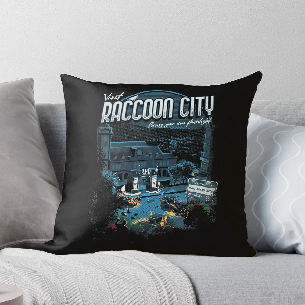 Resident Evil Raccoon City Zombie Pillow with characters and city landscape