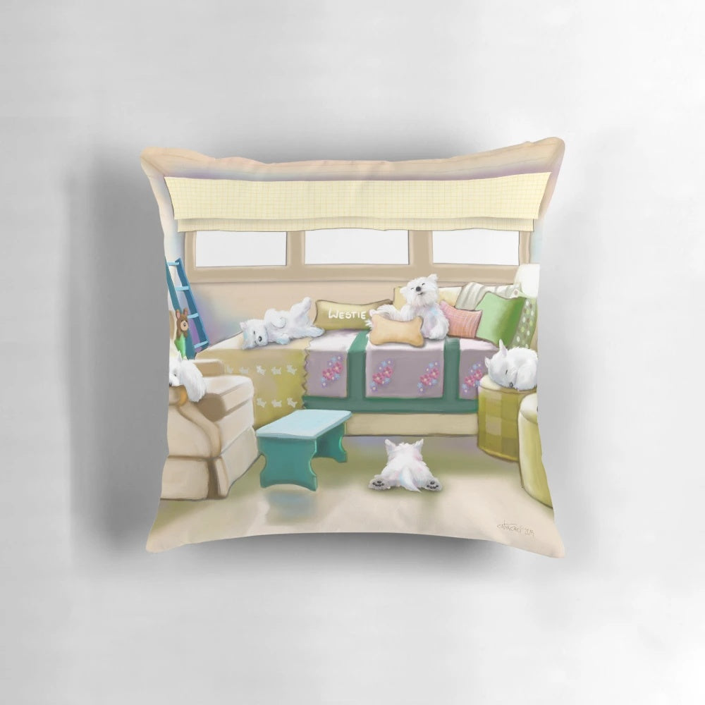 Soft, plush Westie dog breed pillow designed by Catia Cho for a peaceful retreat