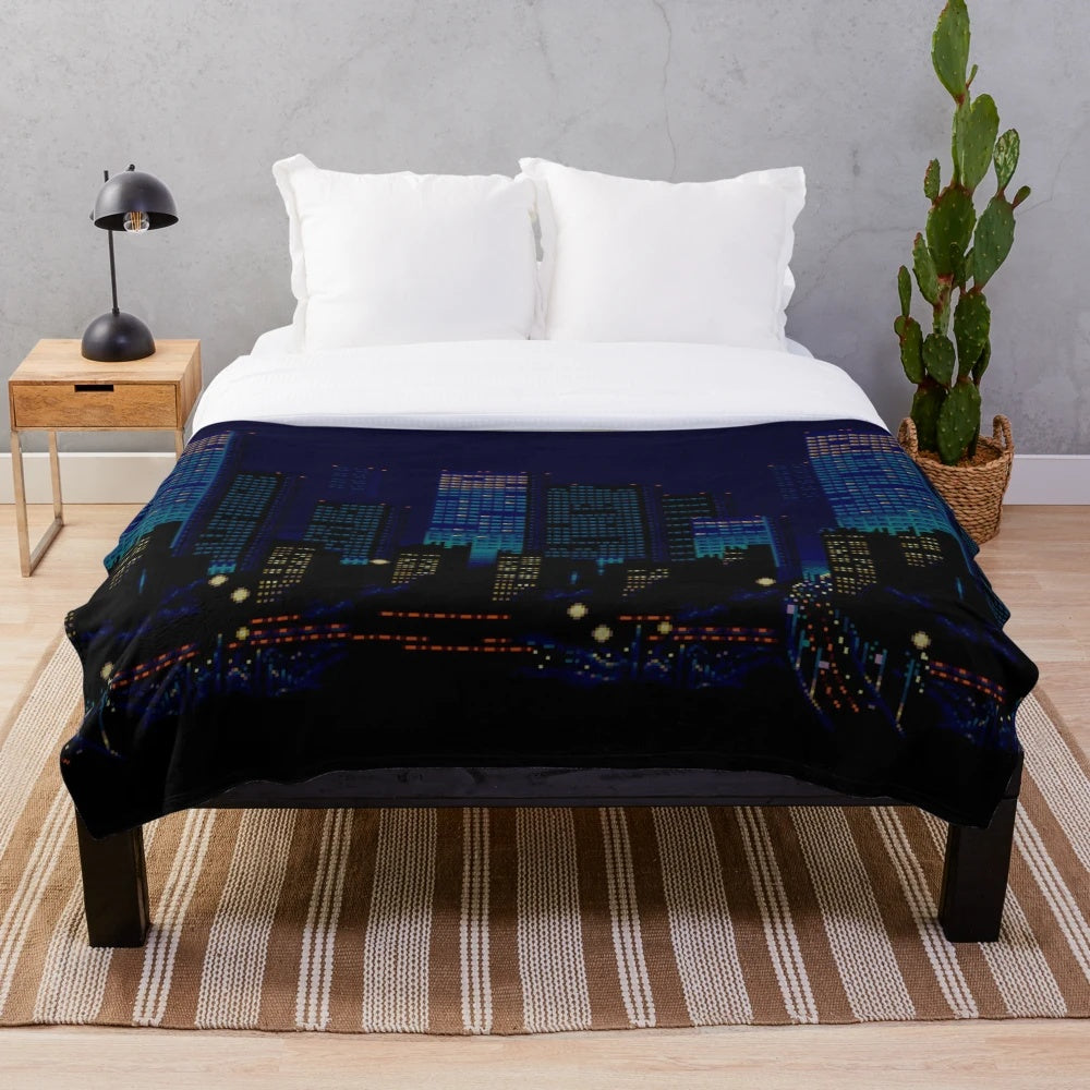 Retro 16-bit inspired plush blanket with Streets of Rage cityscape design