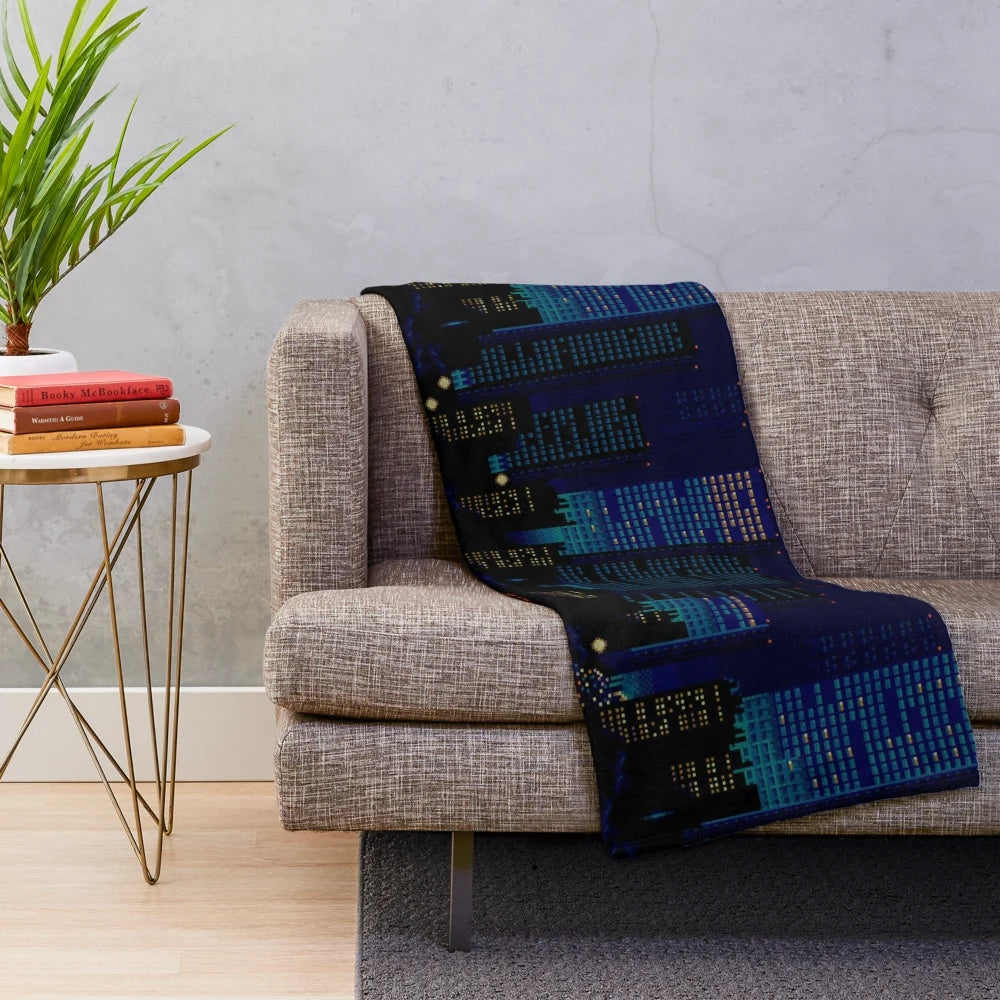 Retro 16-bit inspired plush blanket with Streets of Rage cityscape design