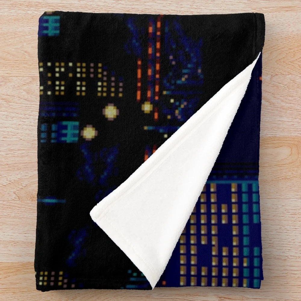 Retro 16-bit inspired plush blanket with Streets of Rage cityscape design