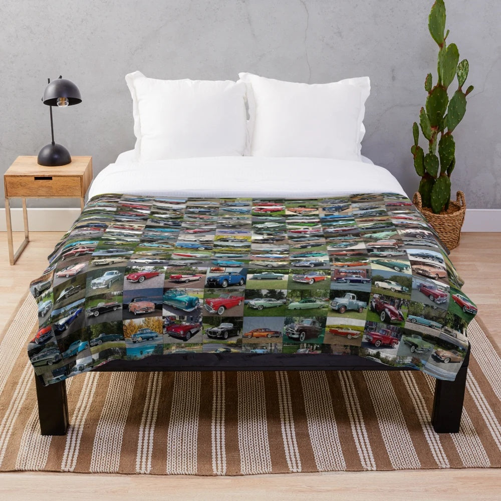 Vintage 1950s cars printed on a soft, plush blanket