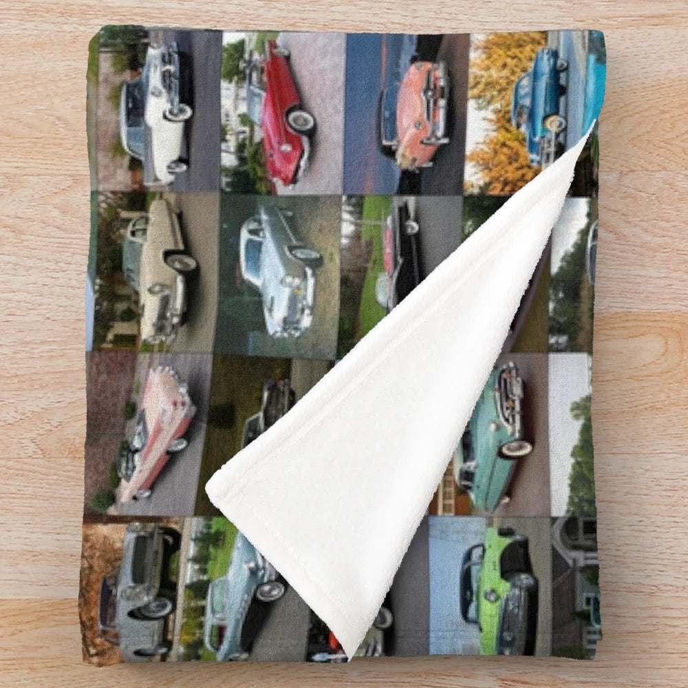 Vintage 1950s cars printed on a soft, plush blanket