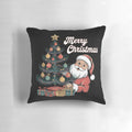 Retro Christmas Tree Pillow with Ornaments, Tinsel, and Santa Claus on a Black Background